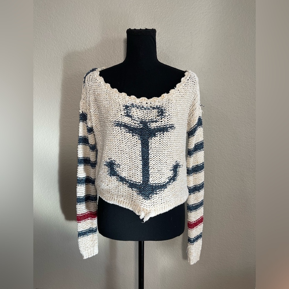 Free People Off-the-Shoulder Anchor crop Sweater - Navy, cream and Red XS